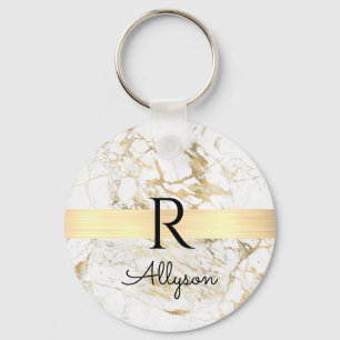 Wh & Gold Marble Gold Bar, DIY Black Name Monogram Keychain