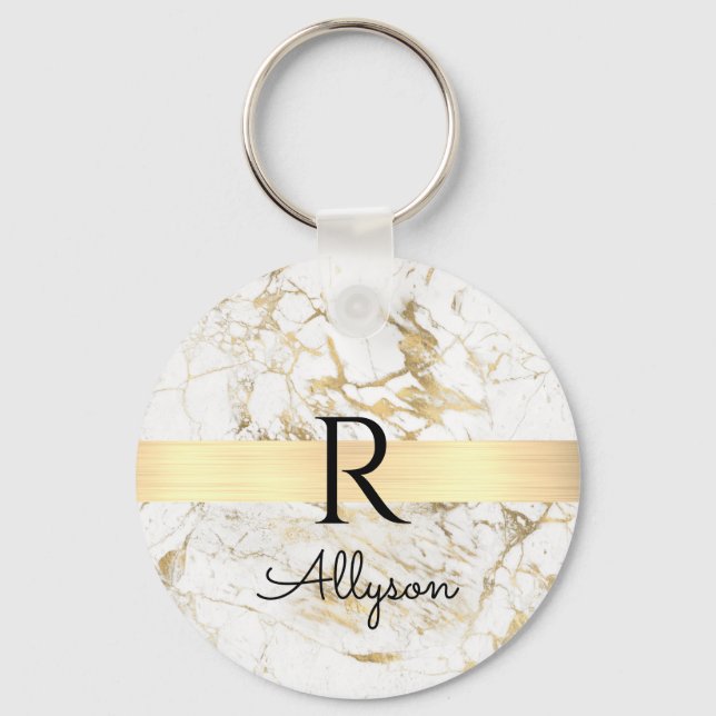 Wh & Gold Marble Gold Bar, DIY Black Name Monogram Keychain (Front)