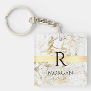 Wh & Gold Marble Gold Bar, DIY Black Name Monogram Keychain