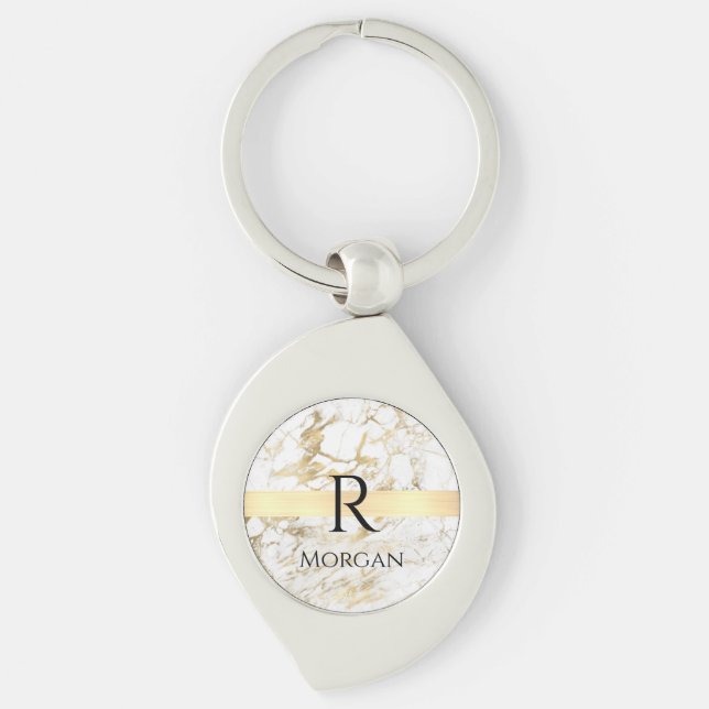 Wh & Gold Marble Gold Bar, DIY Black Name Monogram Keychain (Front)