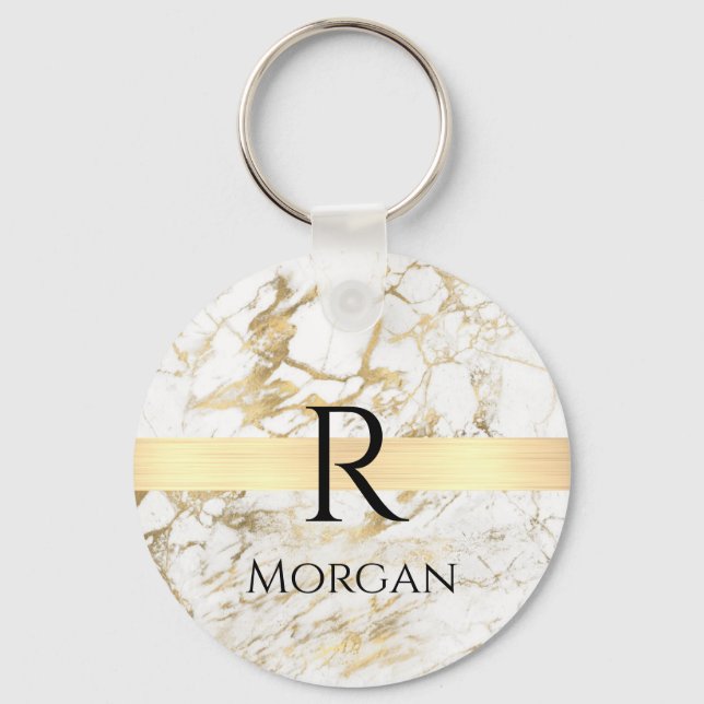 Wh & Gold Marble Gold Bar, DIY Black Name Monogram Keychain (Front)