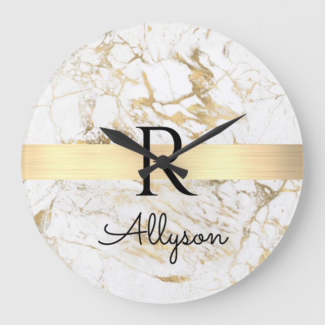 Wh & Gold Marble Gold Bar, DIY Black Name Monogram Large Clock (Front)