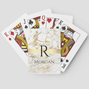 Wh & Gold Marble Gold Bar, DIY Black Name Monogram Playing Cards