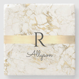 Wh & Gold Marble Gold Bar, DIY Black Name Monogram Stone Coaster