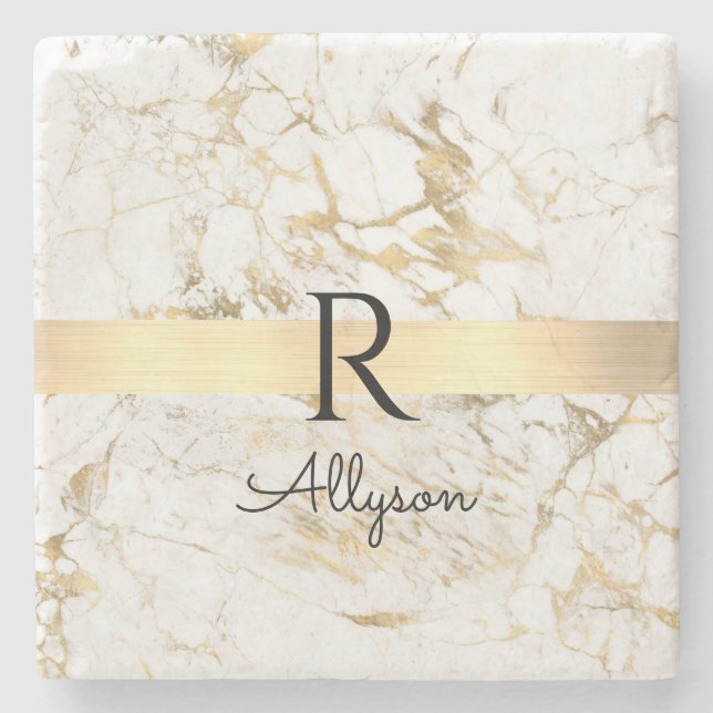 Wh & Gold Marble Gold Bar, DIY Black Name Monogram Stone Coaster (Front)