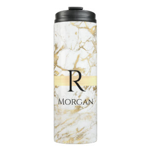 Wh & Gold Marble Gold Bar, DIY Black Name Monogram Thermal Tumbler