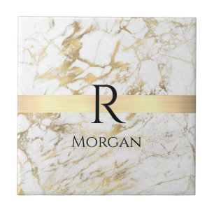 Wh & Gold Marble Gold Bar, DIY Black Name Monogram Tile