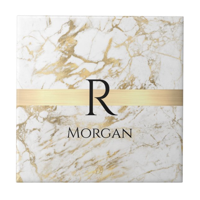 Wh & Gold Marble Gold Bar, DIY Black Name Monogram Tile (Front)