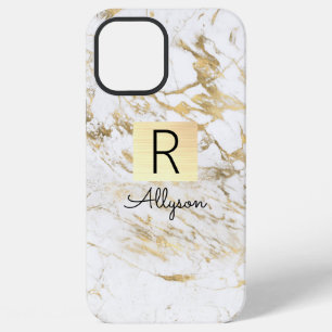 Wh & Gold Marble Gold Box, Black Name & Monogram iPhone 12 Pro Max Case