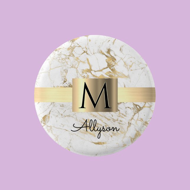 Wh & Gold Marble Gold Box, DIY Black Name Monogram 1 Inch Round Button (Creator Uploaded)