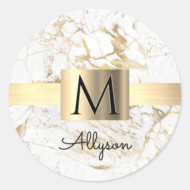 Wh & Gold Marble Gold Box, DIY Black Name Monogram Classic Round Sticker (Front)