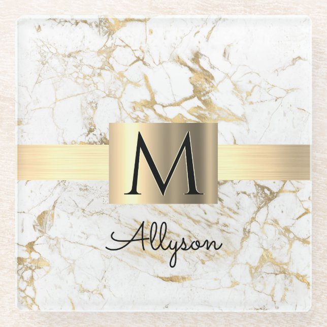 Wh & Gold Marble Gold Box, DIY Black Name Monogram Glass Coaster (Front)