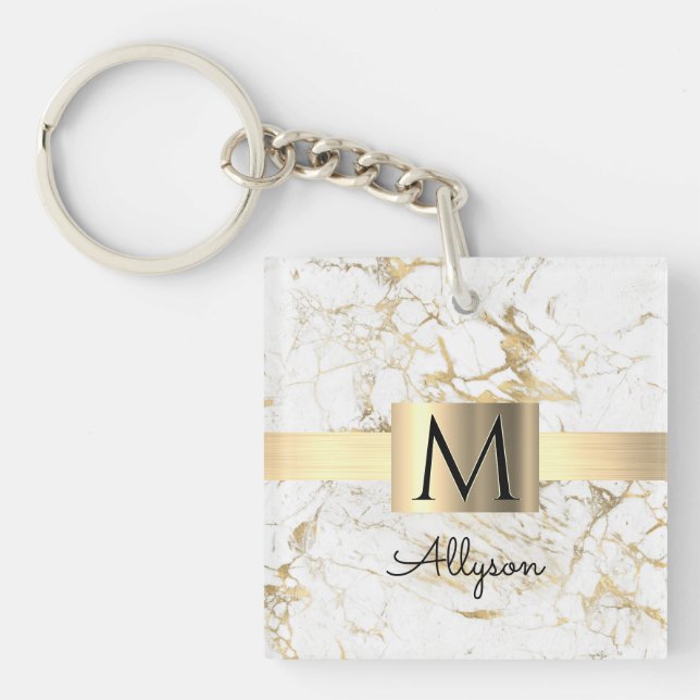 Wh & Gold Marble Gold Box, DIY Black Name Monogram Keychain (Front)
