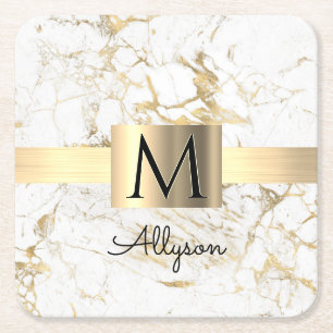 Wh & Gold Marble Gold Box, DIY Black Name Monogram Square Paper Coaster