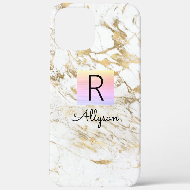 Wh & Gold Marble Rainbow Box DIY Blk Name Monogram Case-Mate iPhone Case (Back)