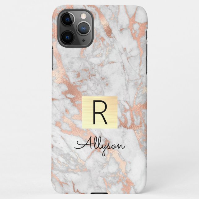 Wh & Rose Gold Marble Gold Box, Name & Monogram iPhone Case (Back)