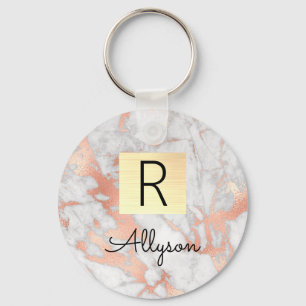 Wh & Rose Gold Marble Gold Box, Name & Monogram Ke Keychain