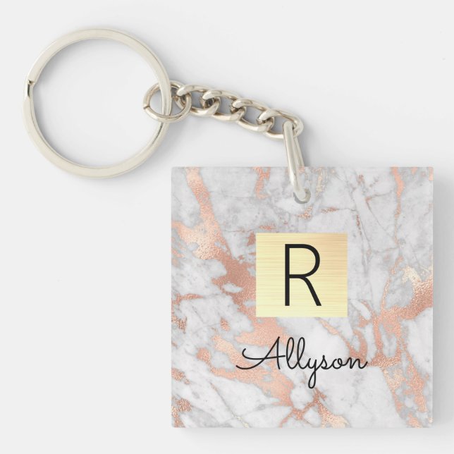 Wh & Rose Gold Marble Gold Box, Name & Monogram Keychain (Front)