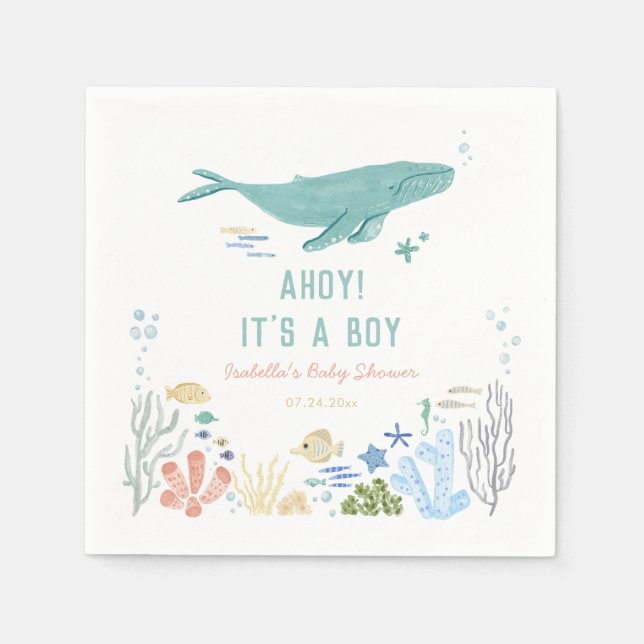 Whale Ahoy It's A Boy Baby Shower Napkin (Front)