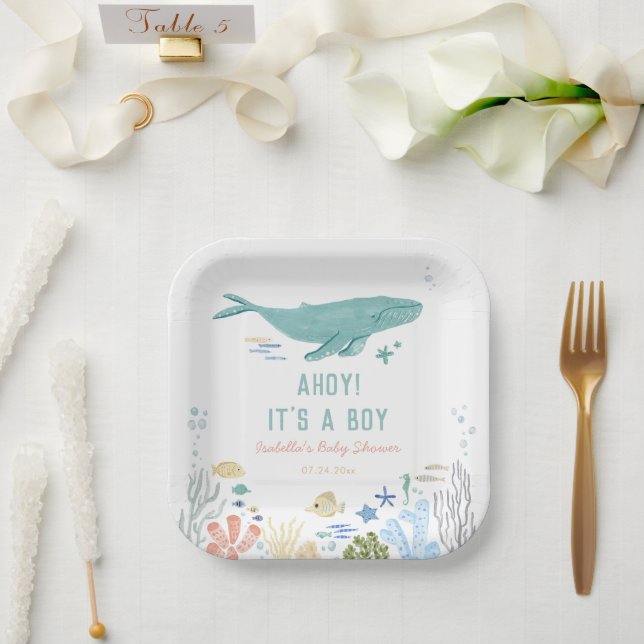 Whale Ahoy It's A Boy Baby Shower Paper Plate (Wedding)