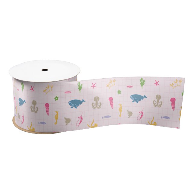 Whale, Anchors, Corals and Seaweed Pattern (Pinks) Satin Ribbon (Spool)