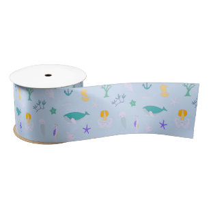 Whale, Anchors, Corals and Seaweed Pattern Satin R Ribbon