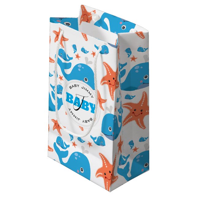 Whale and Starfish Baby Monogram Pattern Small Gift Bag (Front Angled)