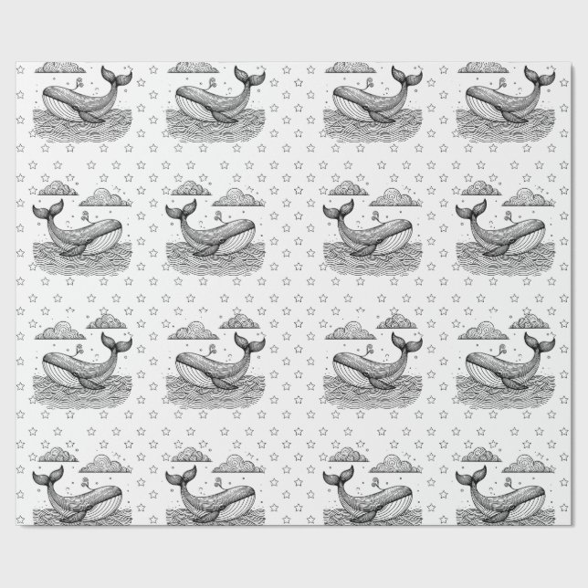 Whale and Stars Pattern Kids Personalized Colourin Wrapping Paper (Seam)