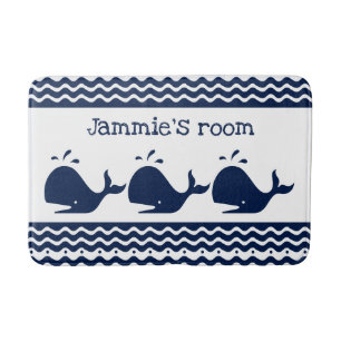 Whale and waves Blue and White Custom  Bath Mat
