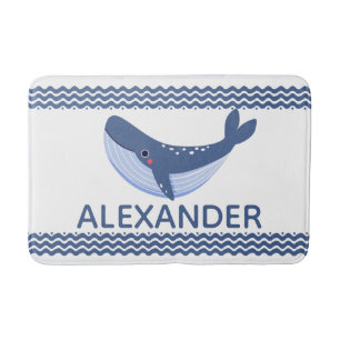 Whale and waves Blue and White Custom  Bath Mat