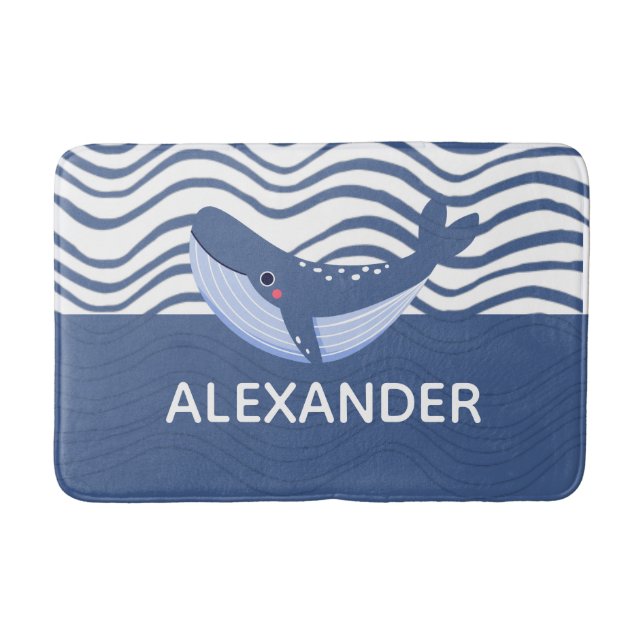 Whale and waves Blue and White Custom  Bath Mat (Front)