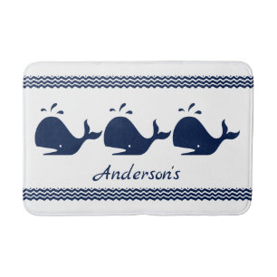 Whale and waves Blue and White personalized Bath Mat
