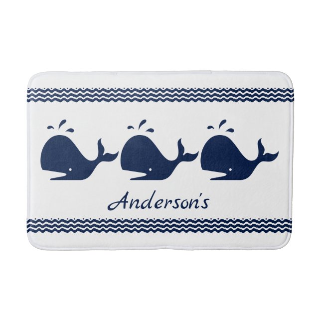 Whale and waves Blue and White personalized Bath Mat (Front)