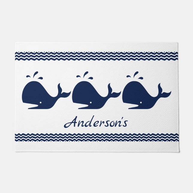 Whale and waves Blue and White personalized Doormat (Front)