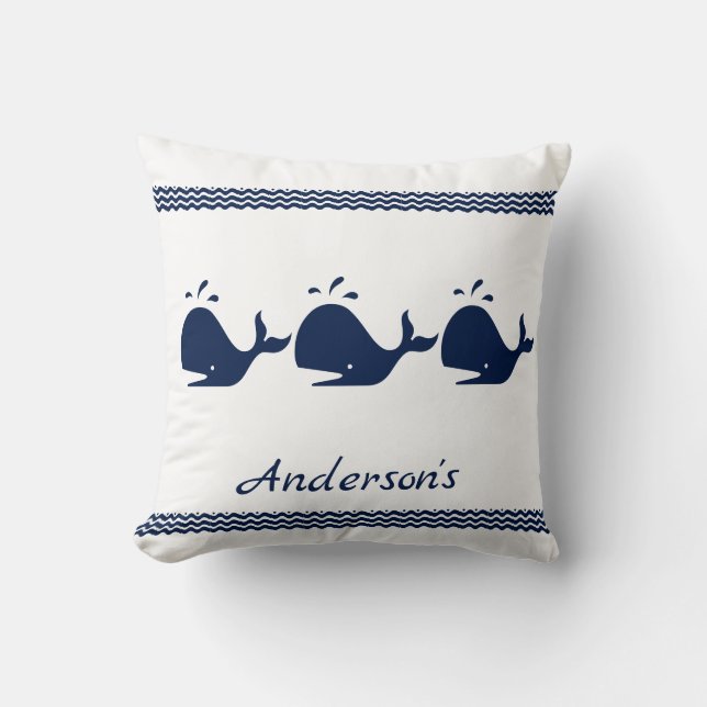 Whale and waves Blue and White  Throw Pillow (Front)