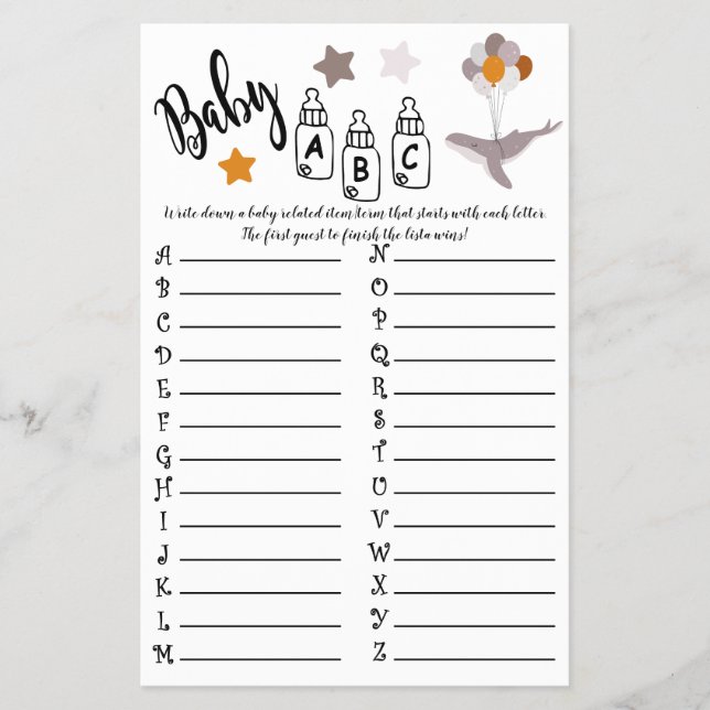 Whale Baby Shower Beautiful Dream Game Baby ABC Flyer (Front)