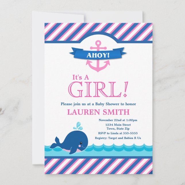Whale Baby Shower Invitation Girl Pink (Front)