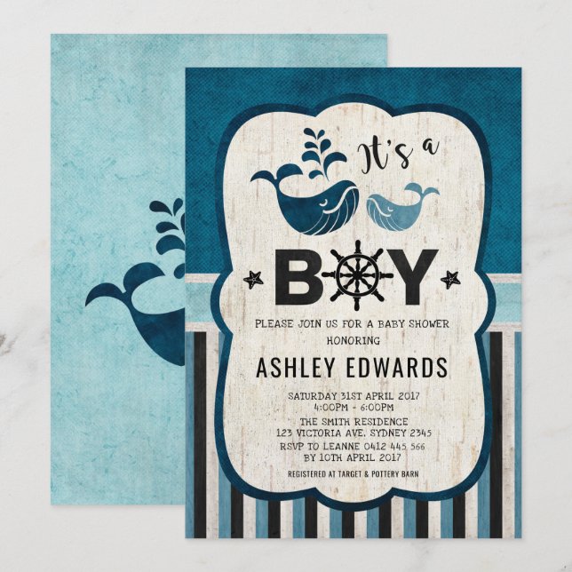 Whale Baby Shower Invite Ahoy It's a Boy Nautical (Front/Back)