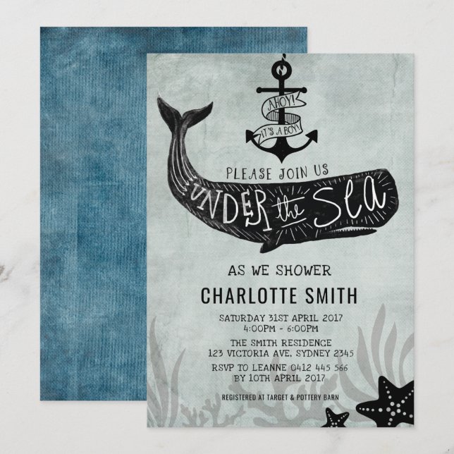 Whale Baby Shower Invite Vintage Nautical Invite (Front/Back)