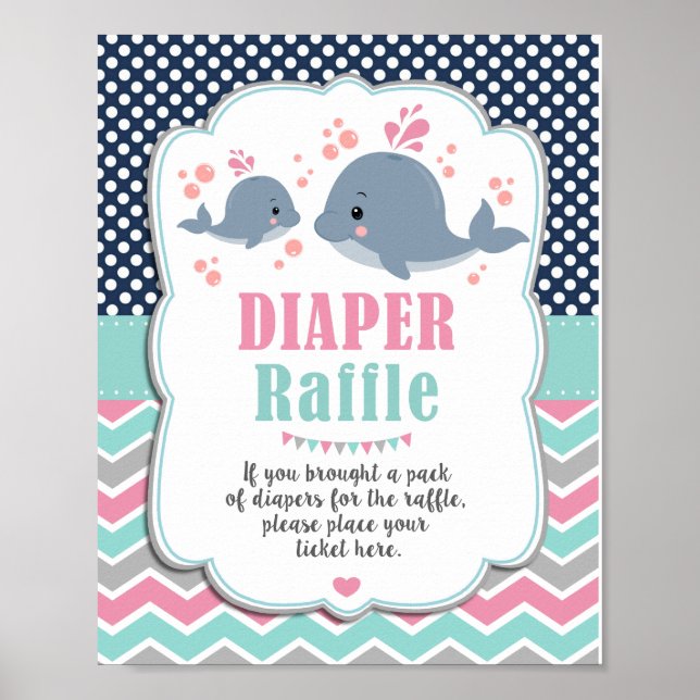 Whale Baby Shower Nautical Diaper Raffle Sign (Front)