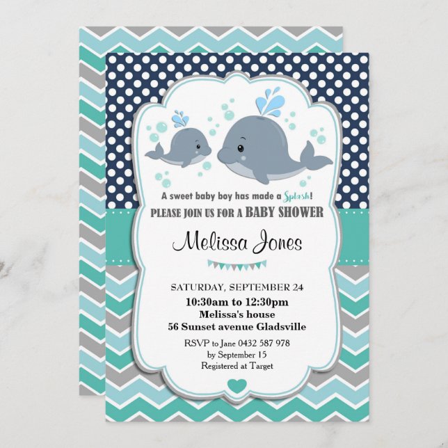 Whale Baby Shower Personalized Invitation Baby Boy (Front/Back)