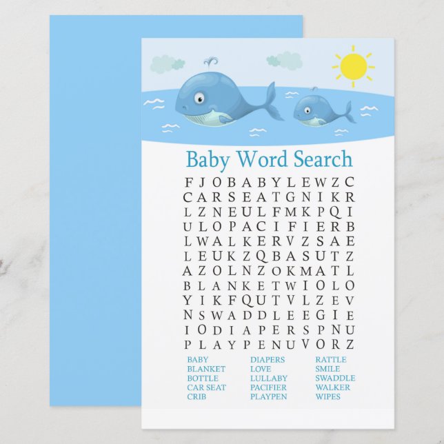 Whale Baby Shower Word Search Game (Front/Back)
