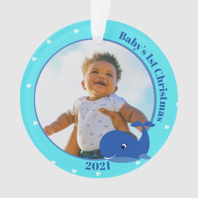 Whale Baby's 1st Christmas with Photo Ornament (Front)