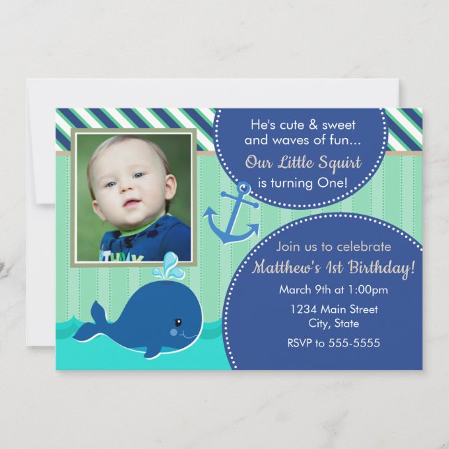 Whale Birthday Invitation 5x7 1st Birthday (Front)