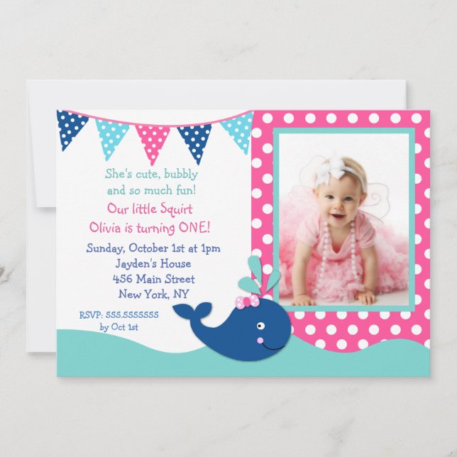 Whale Birthday Invitations for girl (Front)