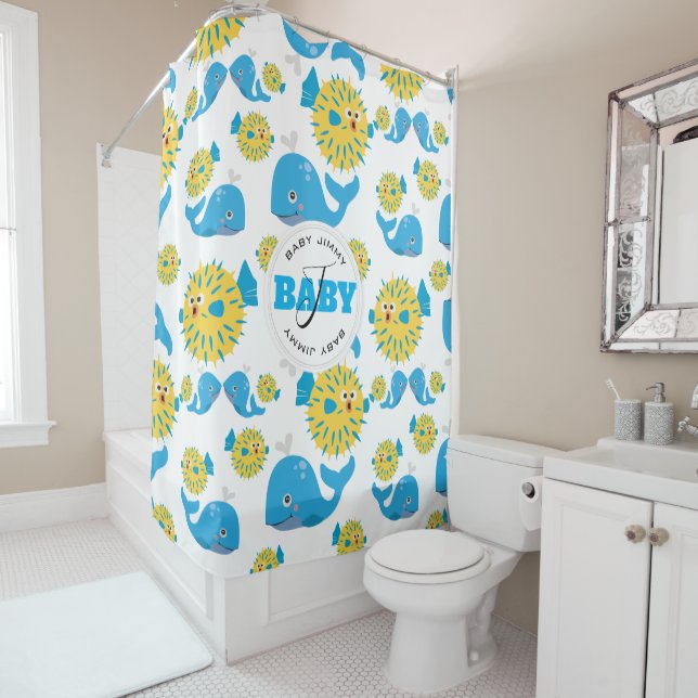 Whale & Blowfish Cartoon Baby Monogram Pattern (In Situ)