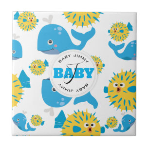 Whale & Blowfish Cartoon Baby Monogram Pattern Tile