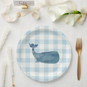 Whale Blue Gingham Baby Shower Paper Plate