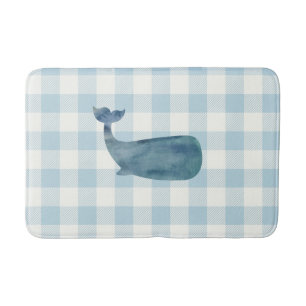 Whale Blue Gingham Check Coastal Bath Mat