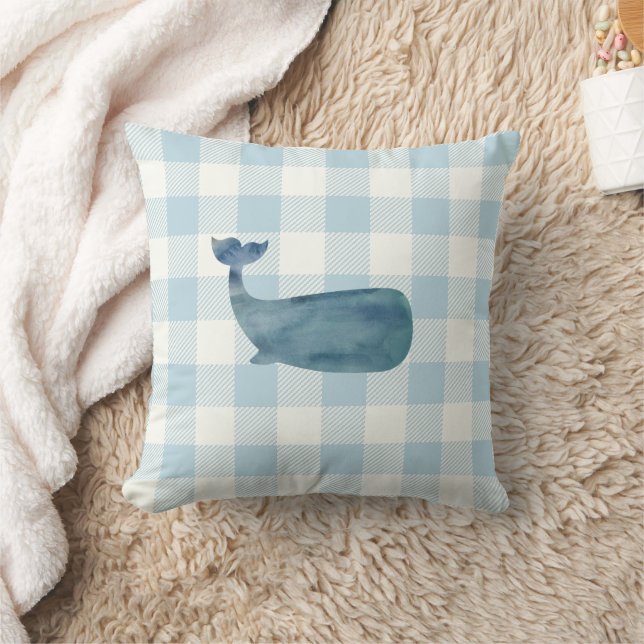 Whale Blue Gingham Check Coastal Throw Pillow (Blanket)